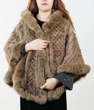 Mink Woven Fox Edge Hooded Shawl